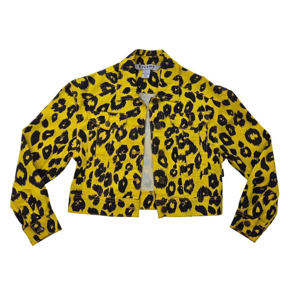 Kreamy Yellow Leopard Animal Print Collared Button Down Jean Jacket Women Small